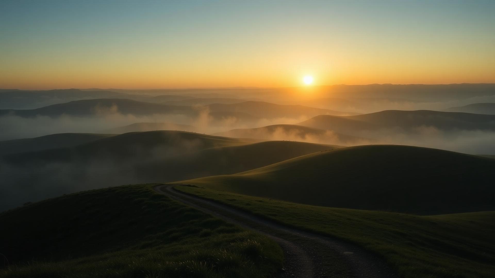 A quiet sunrise over misty rolling hills with a winding path
